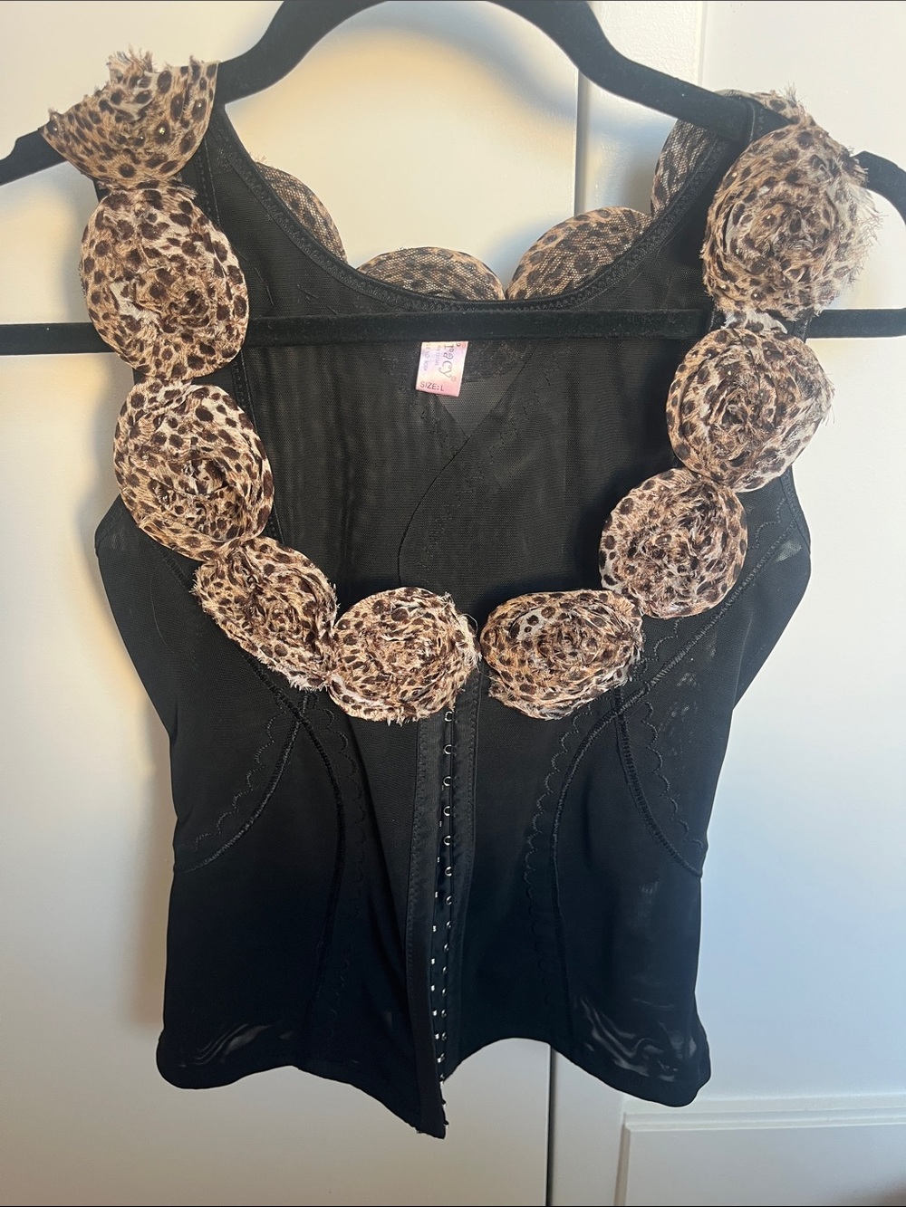 Black Women's Corset Top with Leopard Rosette Trim